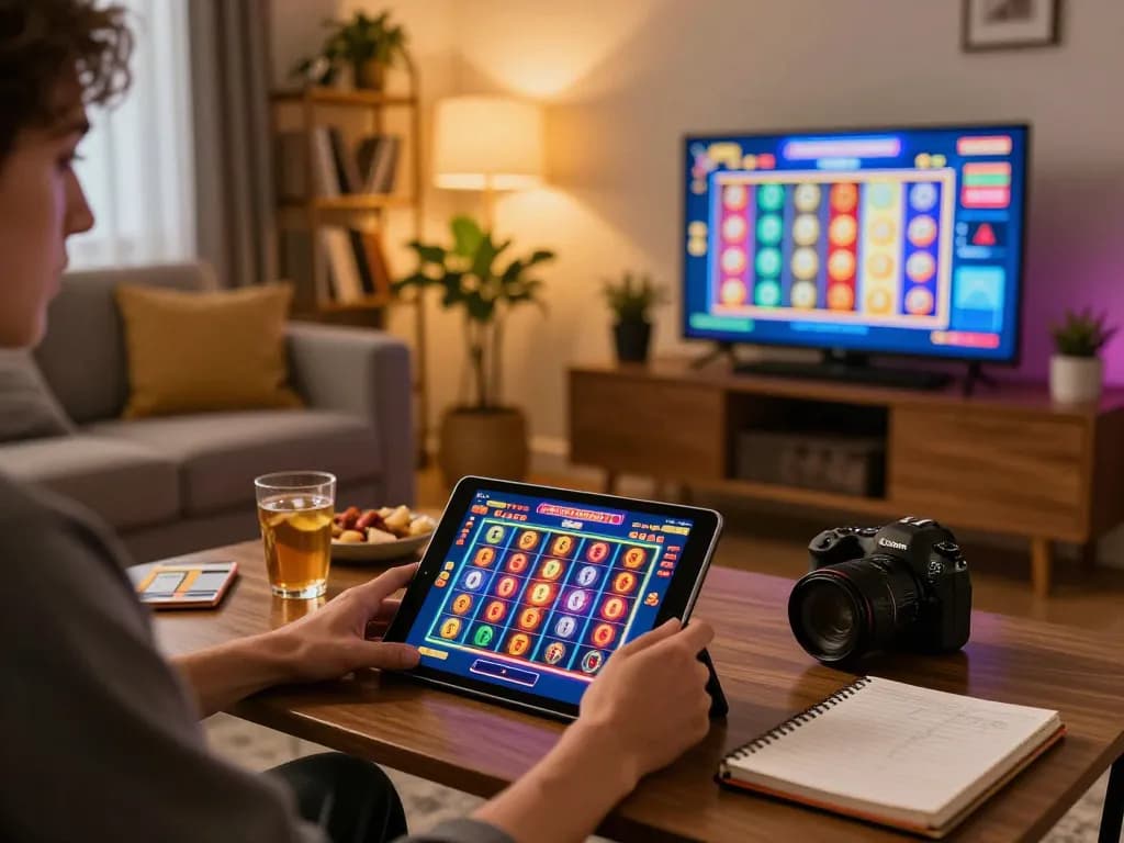 TR88 player enjoying a vibrant online slot game, cozy home setup with snacks and drinks.