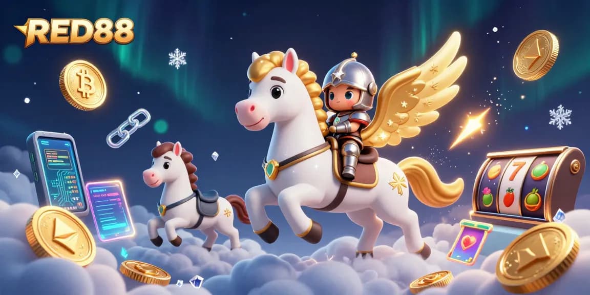 Play slots with RED88 featuring an epic 3D knight on a celestial horse, surrounded by crypto coins.