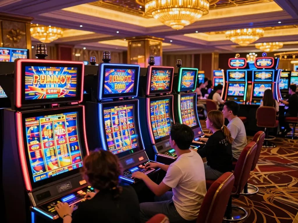 Players enjoying vibrant slot machines at Jun88 casino, showcasing dynamic gaming experience.