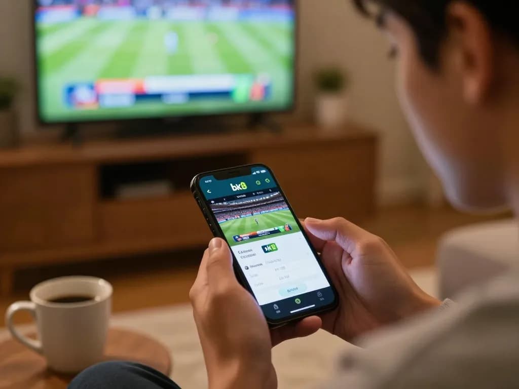 Player engaging in live sports betting on the bk8 app, emphasizing a modern gambling lifestyle.