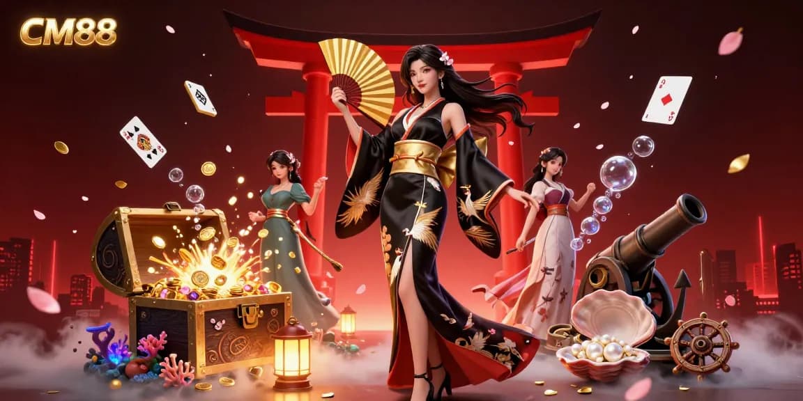 Experience the vibrant gaming atmosphere at CM88, featuring an elegant character with a golden fan amidst falling sakura petals.