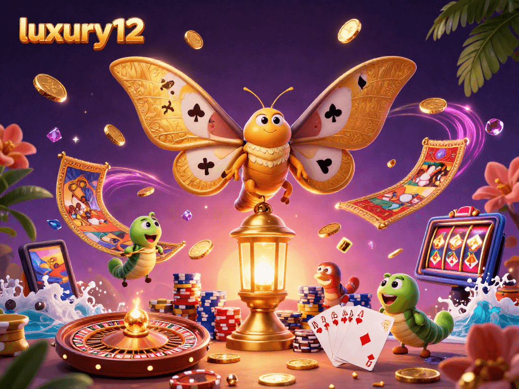 Luxury12 menghadirkan ilustrasi kasino 3D dengan kupu-kupu dan elemen permainan yang megah.