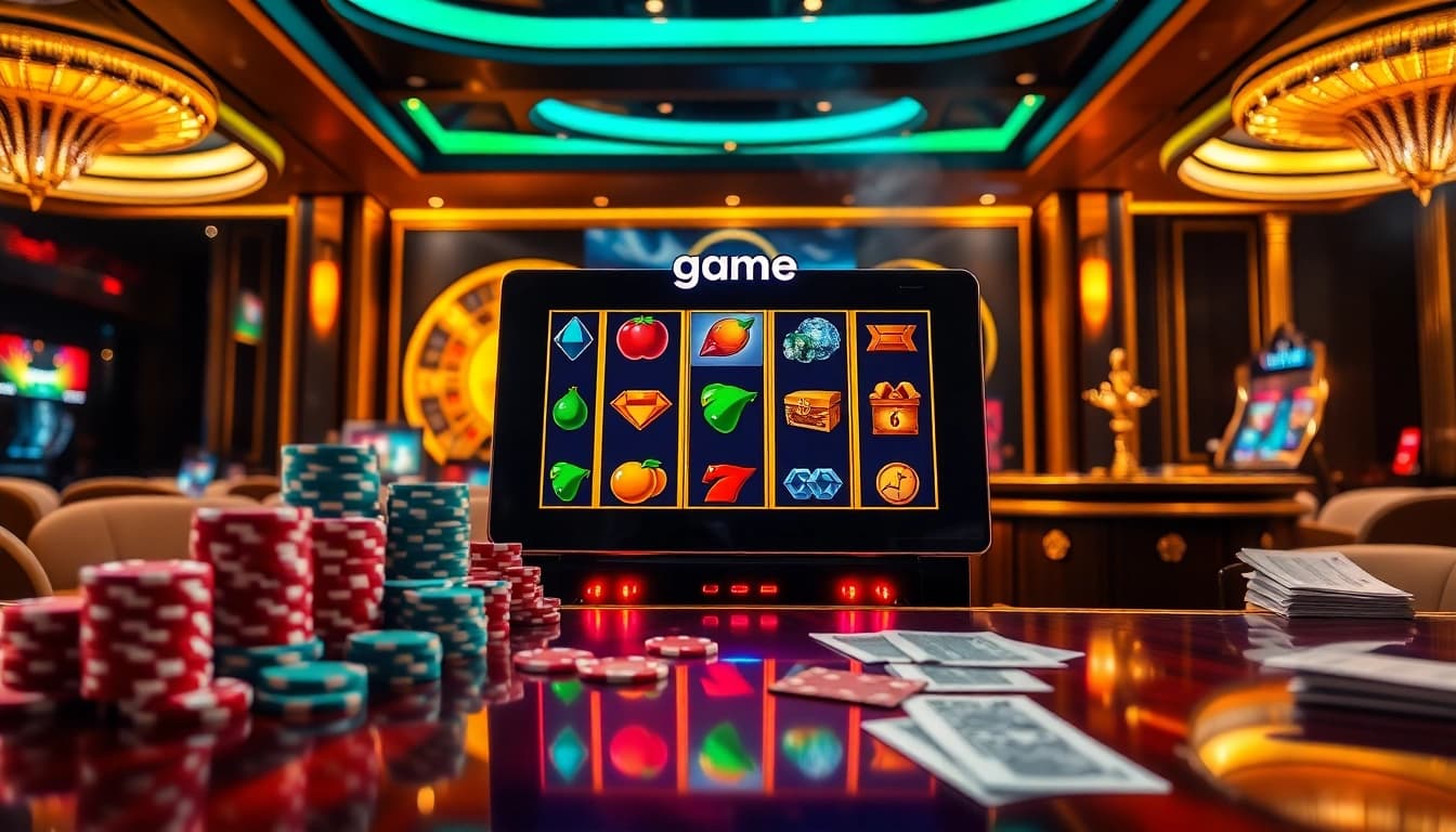 Engaging game nổ hũ slot machine featuring dynamic spinning reels and vibrant casino chips
