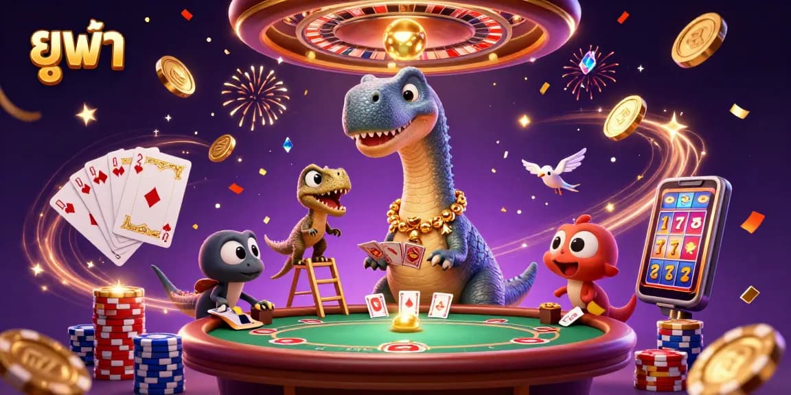 Engage in thrilling gameplay at ยูฟ่า with a massive brontosaurus overseeing a lively casino scene.
