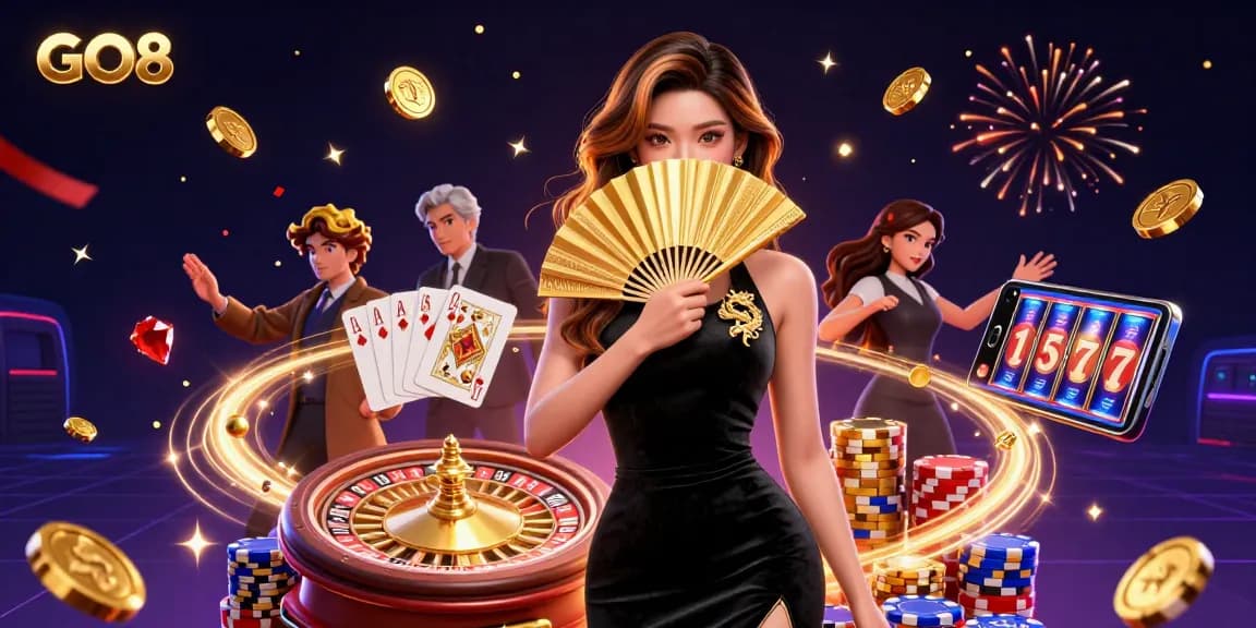 Experience thrilling gaming at GO8 with dynamic slot reels and a dazzling casino atmosphere.
