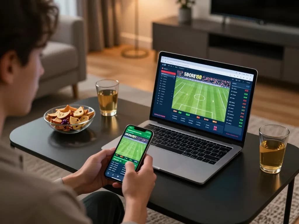 Engaging in live sbobet88 sports betting on smartphone in a modern home setting.