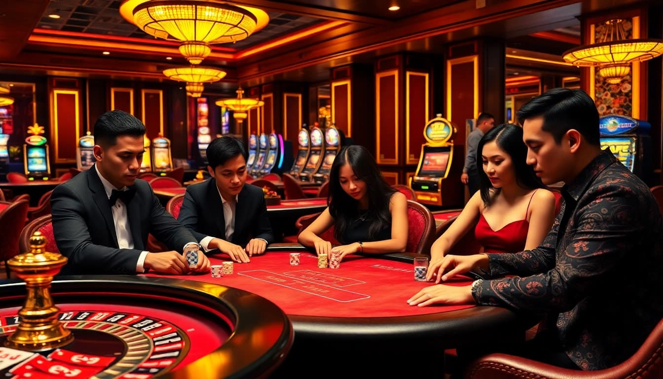Players enjoying high-stakes poker at the BL555 casino, surrounded by luxury and excitement.