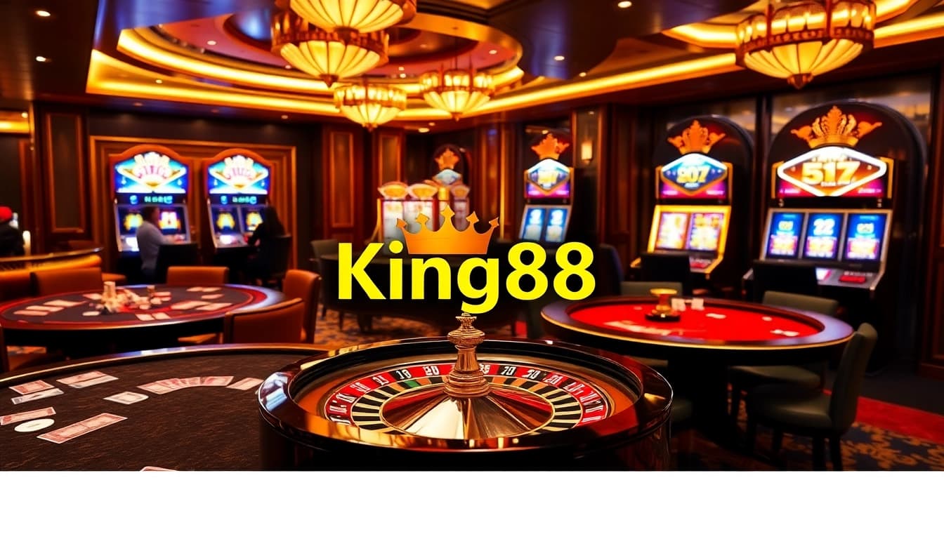Experience thrilling gameplay at King88 with vibrant casino tables, cards, and roulette.