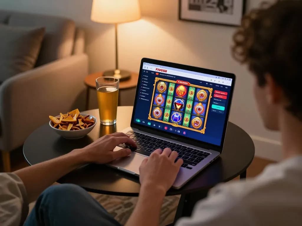 Engaging gameplay on FIVE88 online casino shown on laptop screen in a warm and cozy home environment.