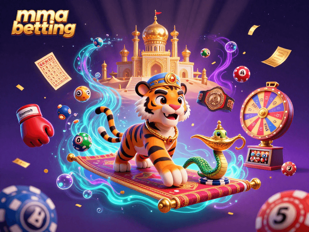 MMA betting scene showcasing vibrant elements with a tiger sultan, sports gear, and dynamic visuals