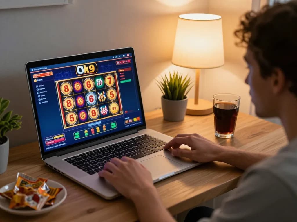 Player engaging with the Ok9 online casino, watching slot reels spin in a cozy home setting
