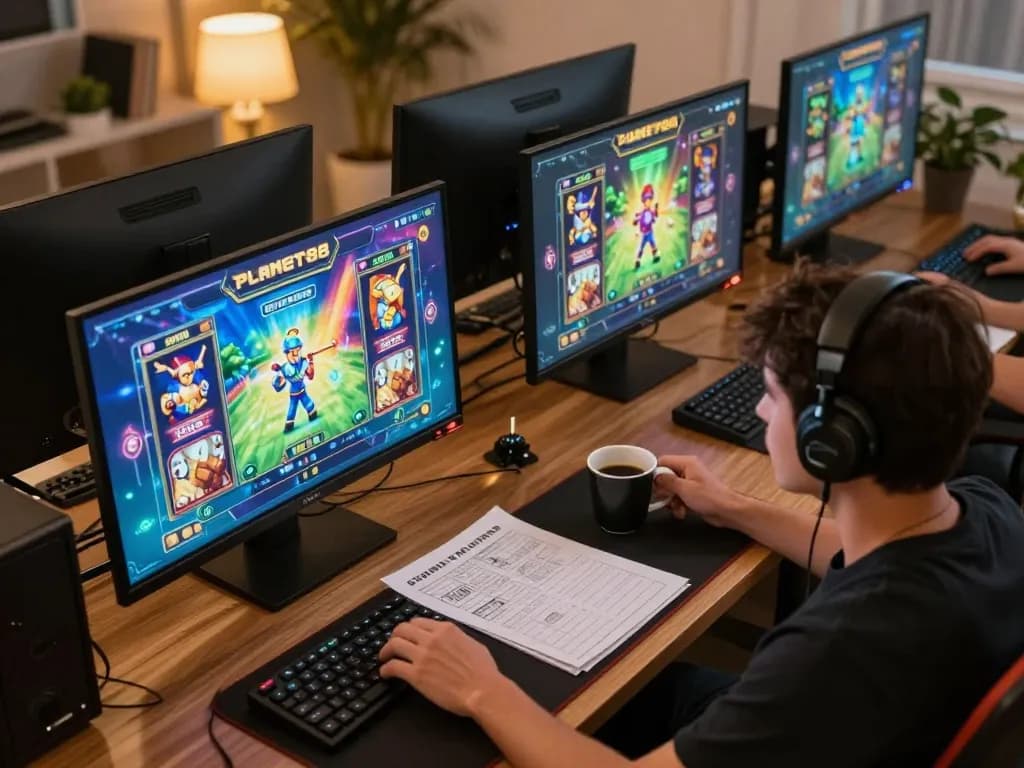 Engaged player enjoying Planet88 slot games in a modern home gaming setup with multiple screens.
