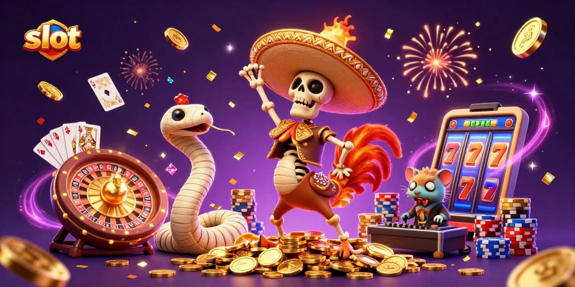 Slot gacor menarik dengan karakter unik dan elemen permainan mengalir di sekelilingnya.
