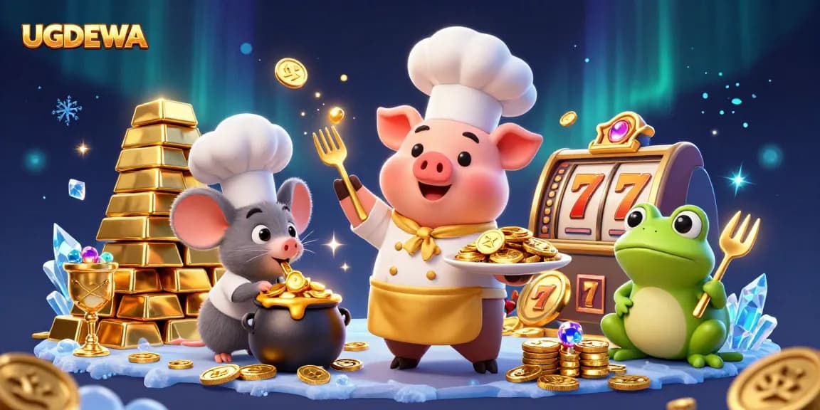 Engage in thrilling gaming adventures with UGDEWA, as a chef pig serves golden coins amidst a vibrant casino scene.