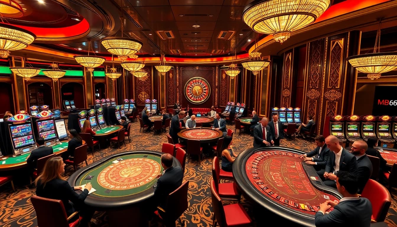 Experience vibrant casino excitement with MB66-themed gaming tables, chips, and slots in a luxurious setting.