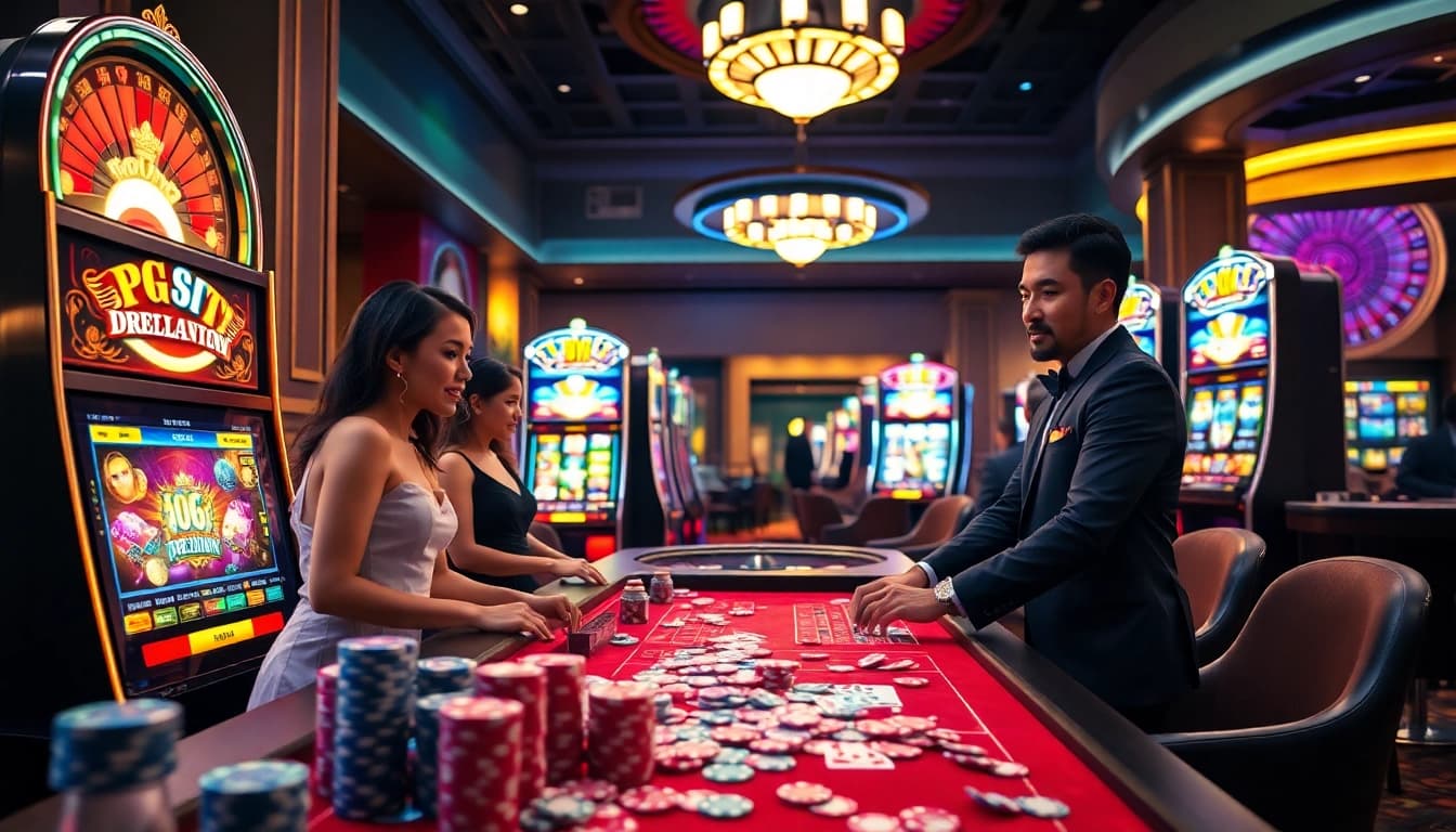 Players enjoying the vibrant PG SLOT gaming experience in a luxurious casino setting with dynamic slot machines and roulette wheel.