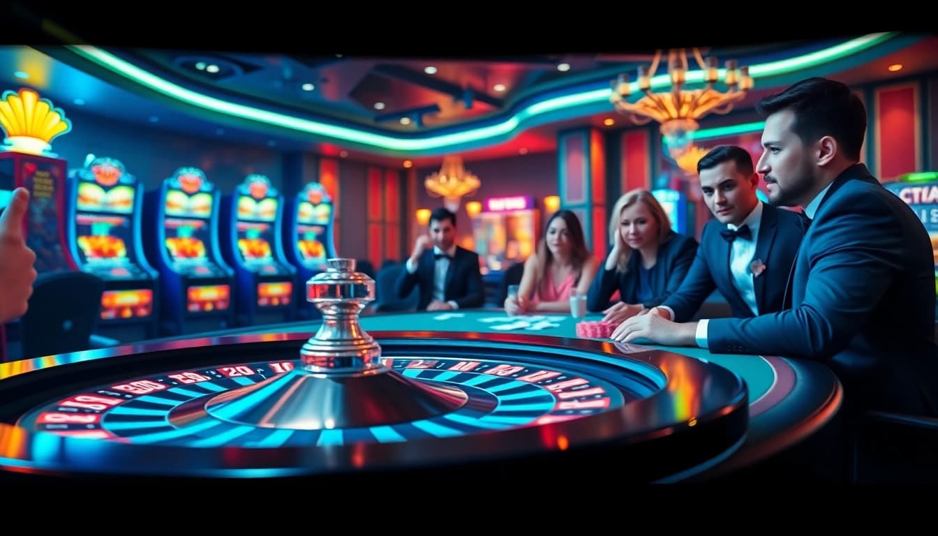 Experience the thrill of king88 at a luxurious casino table with poker action and vibrant slot machines.