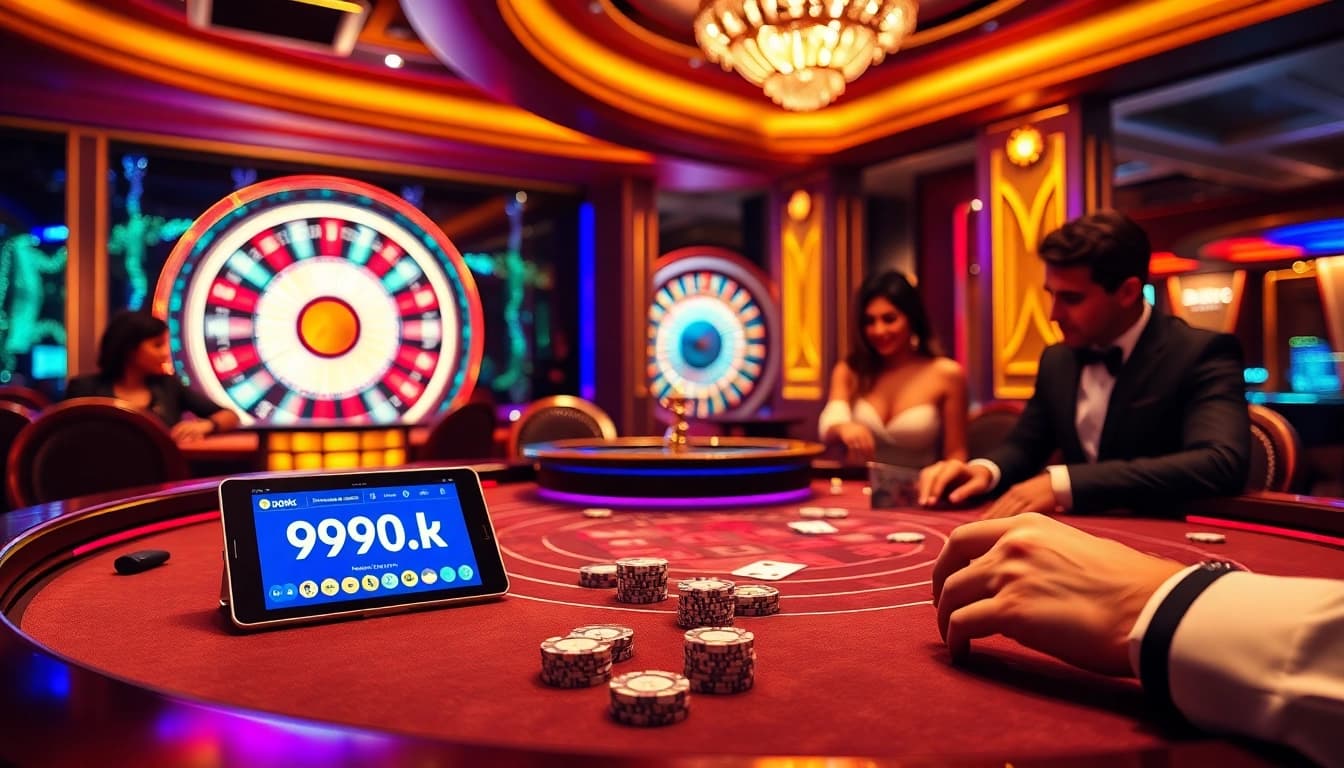 Experience thrilling baccarat gameplay at 99ok's luxurious casino tables with vibrant roulette nearby.