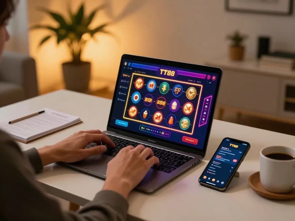 Experience the thrill of TT88 online gaming with an engaging laptop interface and strategic betting accessories.