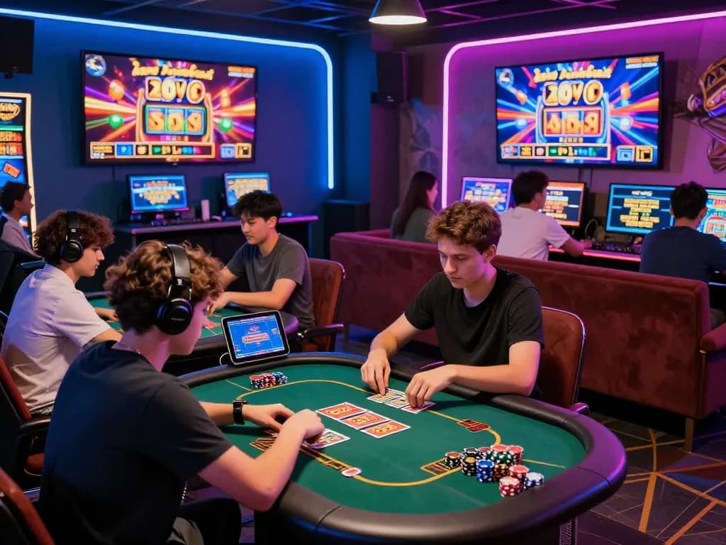 Engaging scene of young adults enjoying an online gaming experience while đăng ký nk88 at a modern gaming lounge, featuring strategic card games and live casino action.