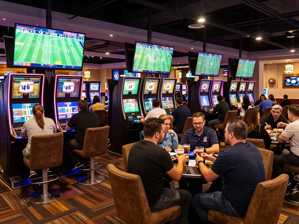 Engaged patrons placing bets and discussing strategies at the lively sports betting area featuring m102