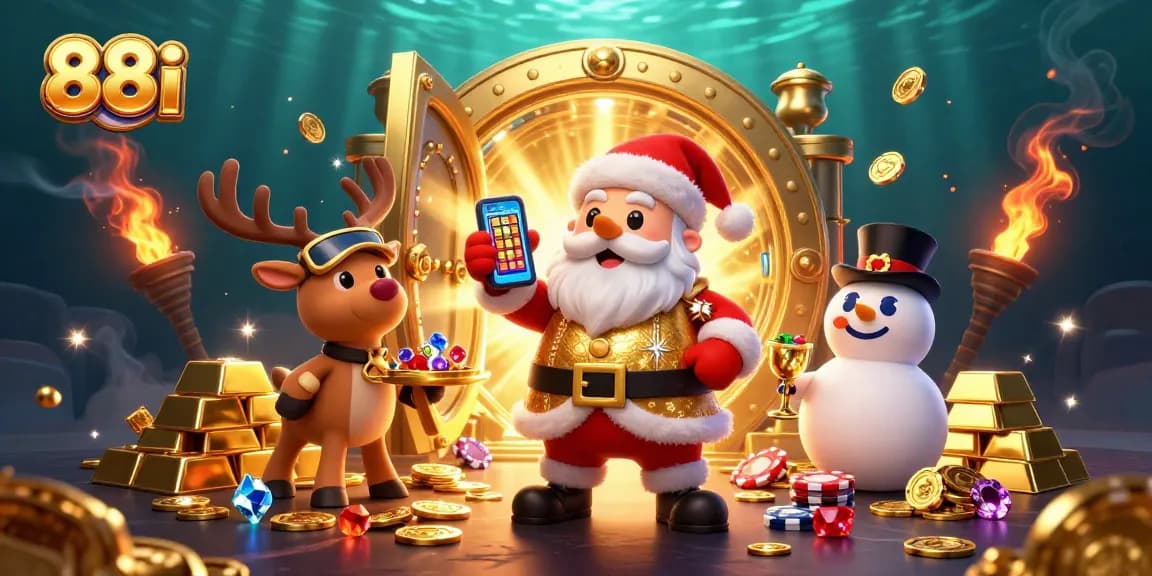 Experience thrilling slots at 88i with Santa Claus and his casino friends in a vibrant, glamorous setting.