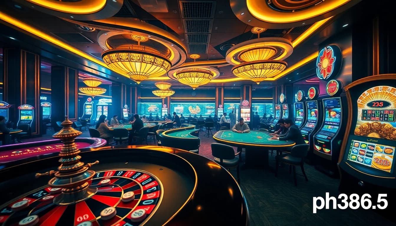 A thrilling casino scene featuring exciting games at ph365 with lively players, roulette, and slot machines.