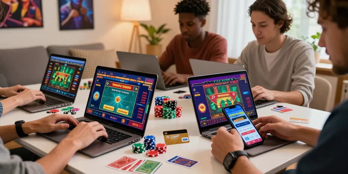 Dynamic scene of players enjoying credit card casinos with laptops, excited atmosphere and game graphics.