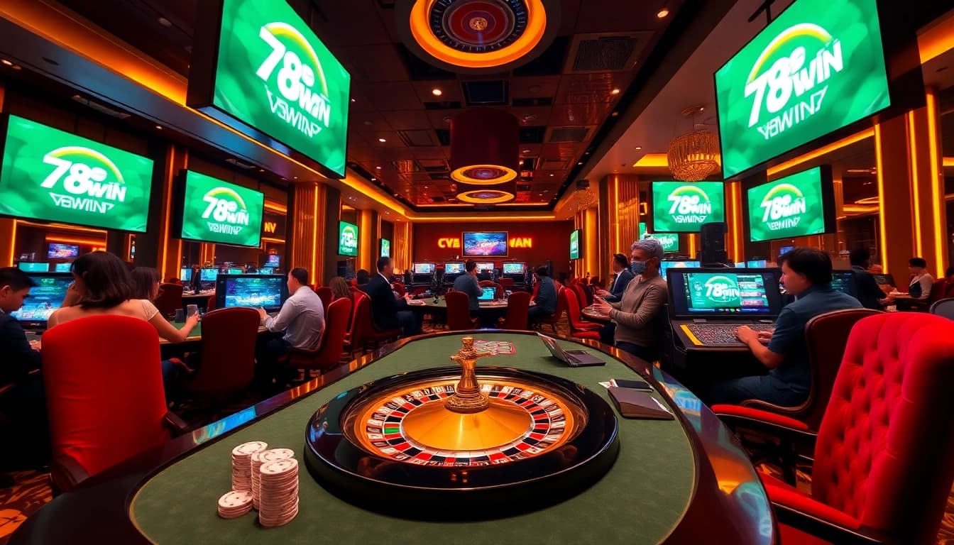 Engaging gamblers experiencing excitement at a vibrant 78WIN casino scene with poker and roulette.