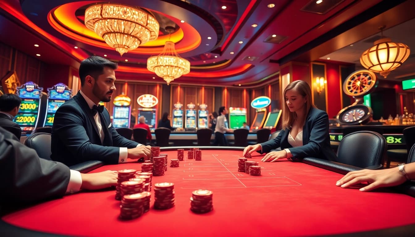 Experience the thrill of high-stakes gambling at trang chủ 88i with luxurious poker tables, vibrant slot machines, and excited players.