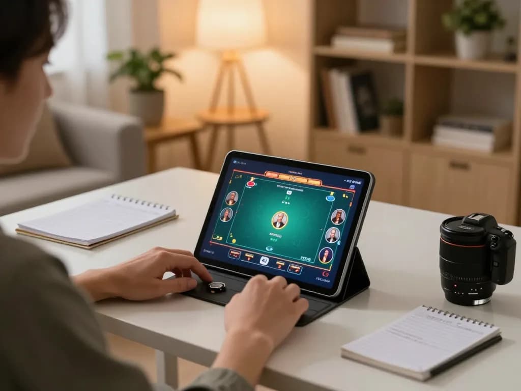 Bermain poker meledak88 di tablet dalam suasana rumah yang nyaman, menampilkan atmosfer permainan yang strategis