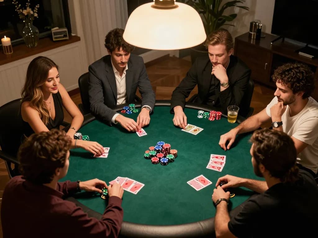 Fly88 members enjoying an engaging poker game night with friends, highlighting strategy and camaraderie.