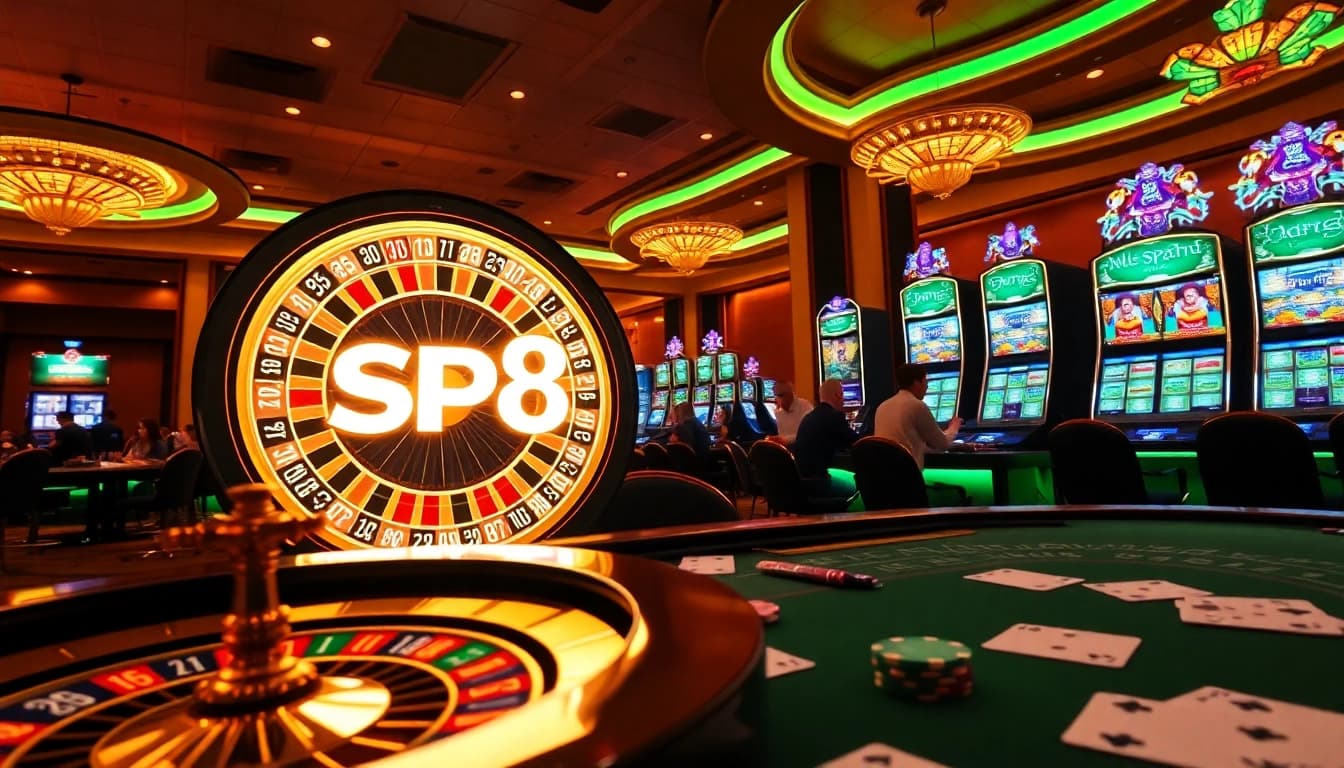 SP8 logo showcased on a luxury roulette wheel with vibrant slot machines in a dynamic casino environment.