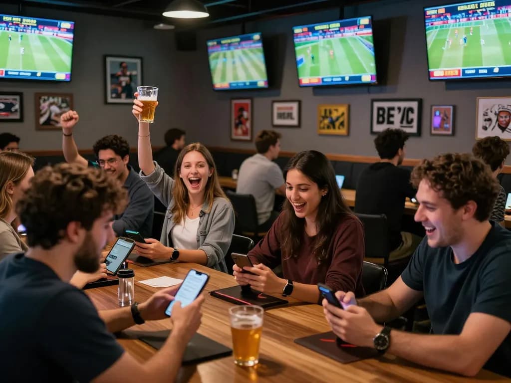 Patrons engaging with the 88vv sports betting app in a lively sports bar setting