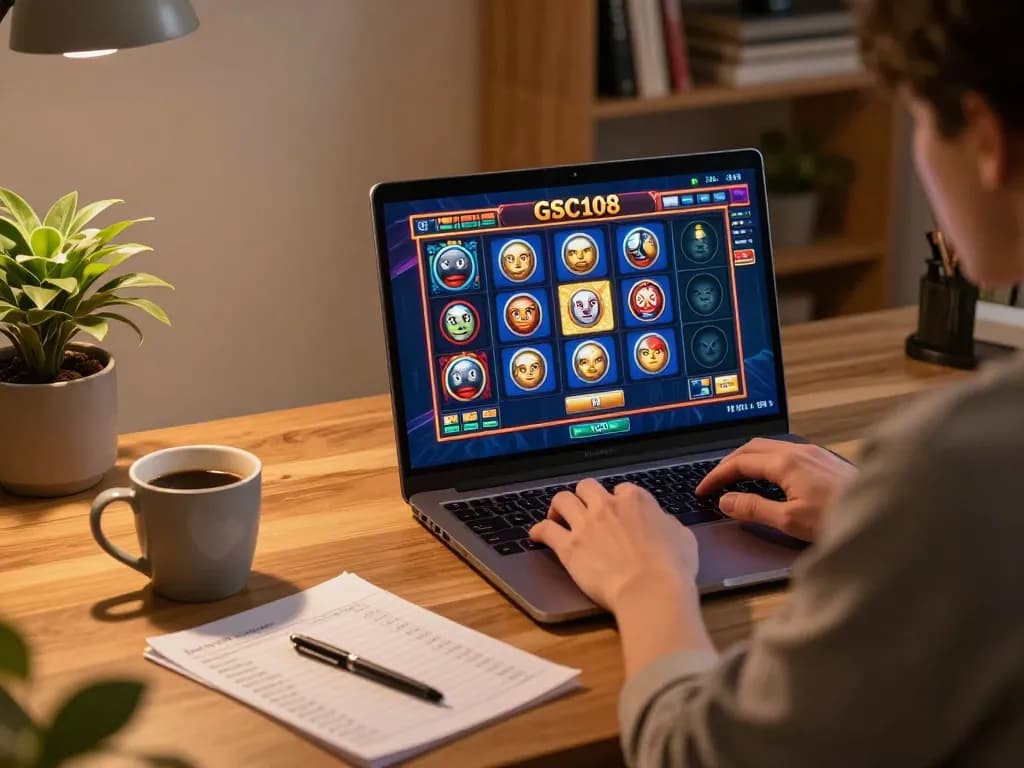 Terlibat dalam slot online Gsc108 dengan laptop, suasana rumah yang nyaman, fokus pada manajemen bankroll.