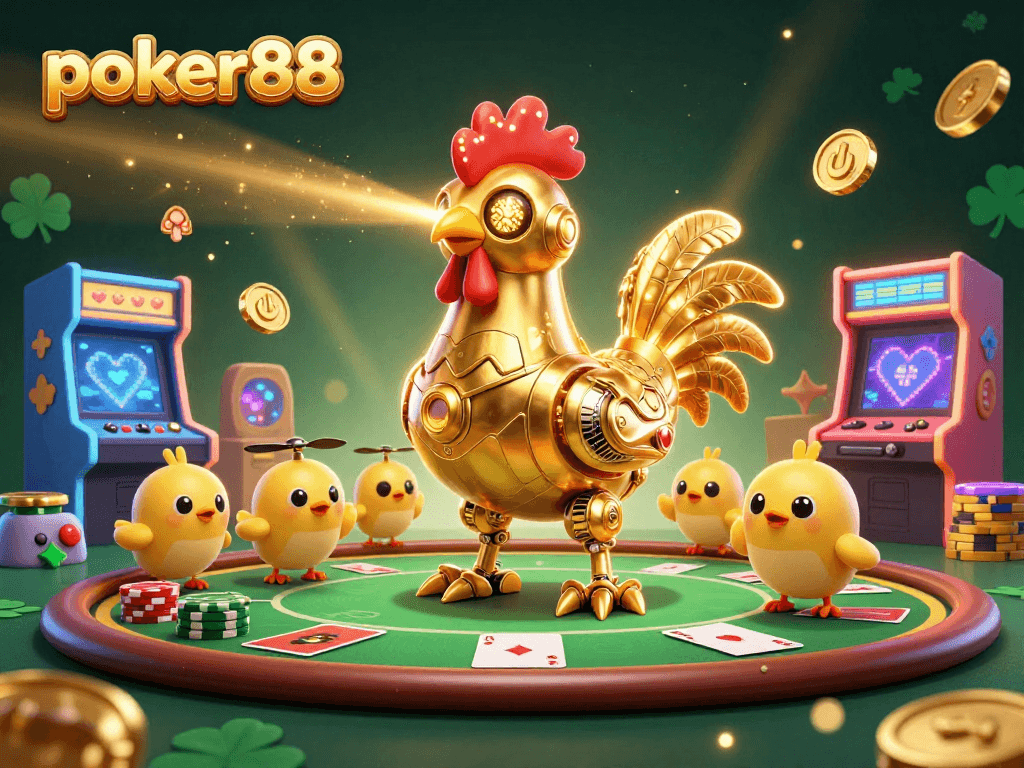 Rasakan keseruan poker88 dengan robot ayam emas futuristik dan permainan kartu yang memukau.