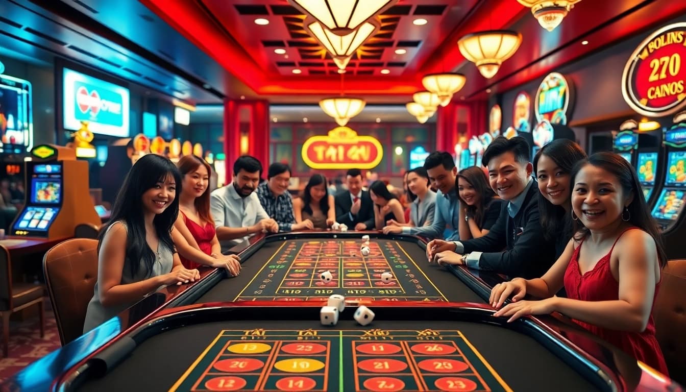 Engaged players experiencing Tài Xỉu MD5 gameplay at a vibrant casino table setting.
