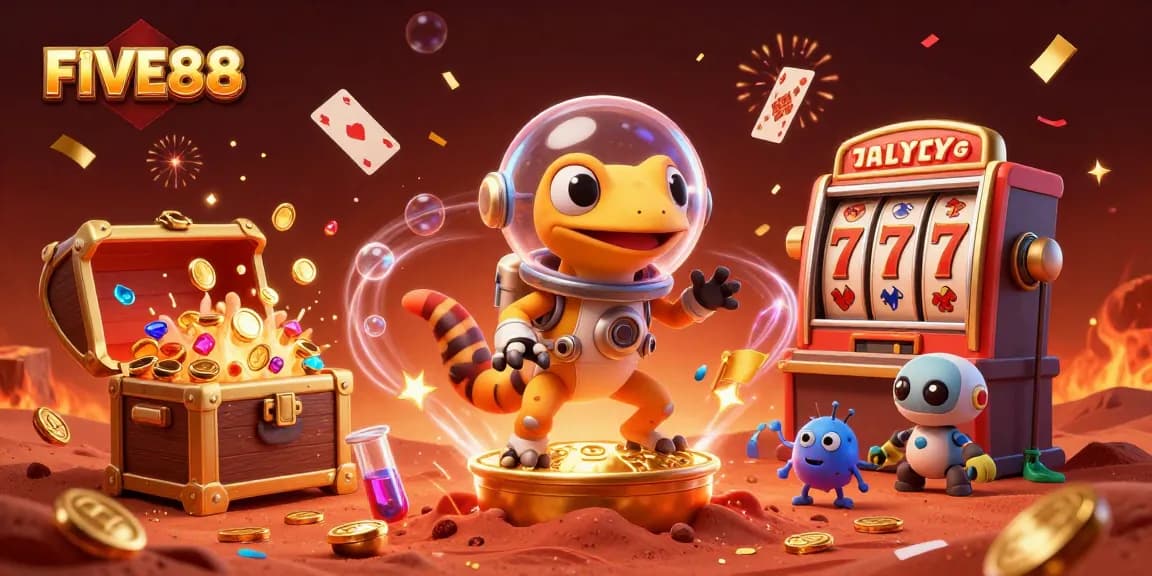 Experience exhilarating gaming with FIVE88's 3D Martian gambler celebrating a jackpot in a vibrant casino scene.