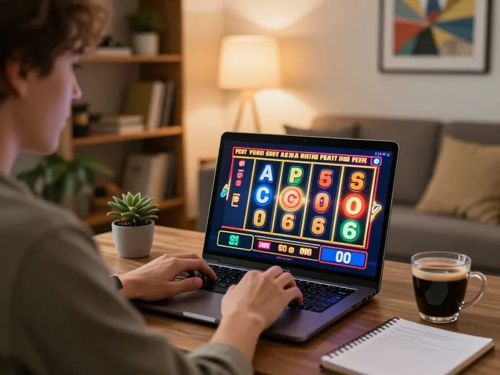 Engaged player enjoying Fabet slots on a laptop in a cozy home setting