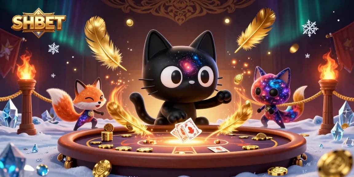 Engage with SHBET's vibrant gaming experience featuring a cosmic cat and fox at a dynamic casino.