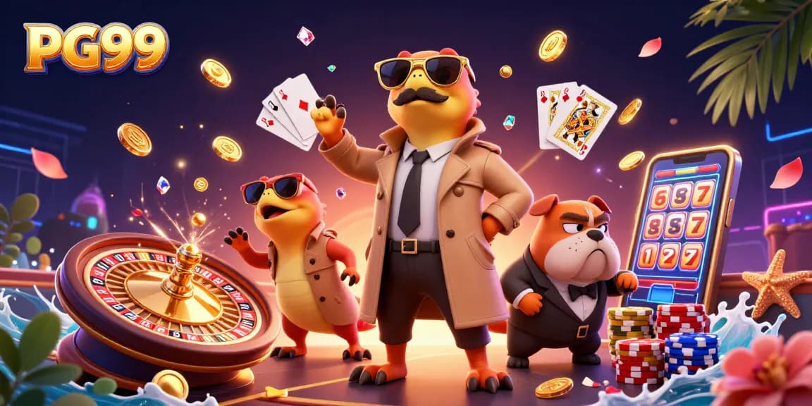 Engage with PG99 by exploring the vibrant casino scene featuring playful raptors and dazzling game elements.