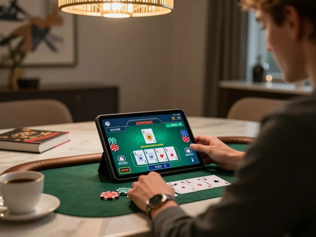 Player engaged in live dealer blackjack on aw8 tablet at stylish dining table