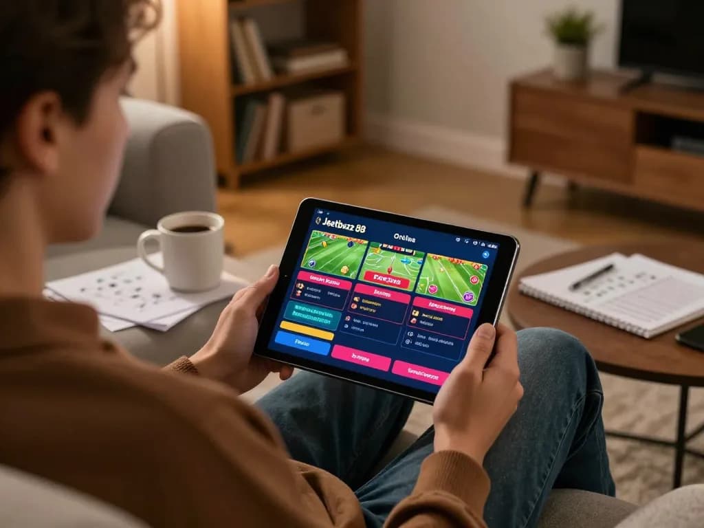 Engaging with the Jeetbuzz 88 app for online betting during a cozy home evening.