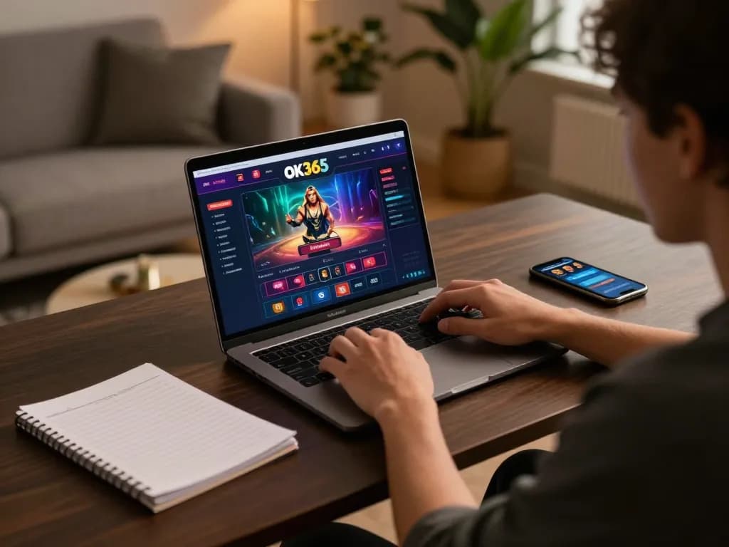 Engaging in online casino gameplay at ok365 with a laptop and betting notes in hand