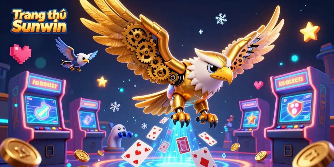 Experience winning with Trang chủ Sunwin, highlighted by a cybernetic eagle diving through holographic cards.