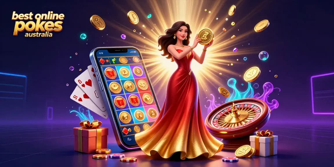 Experience the excitement of best online pokies Australia with an illustration featuring coins, gems, and vibrant slot games.