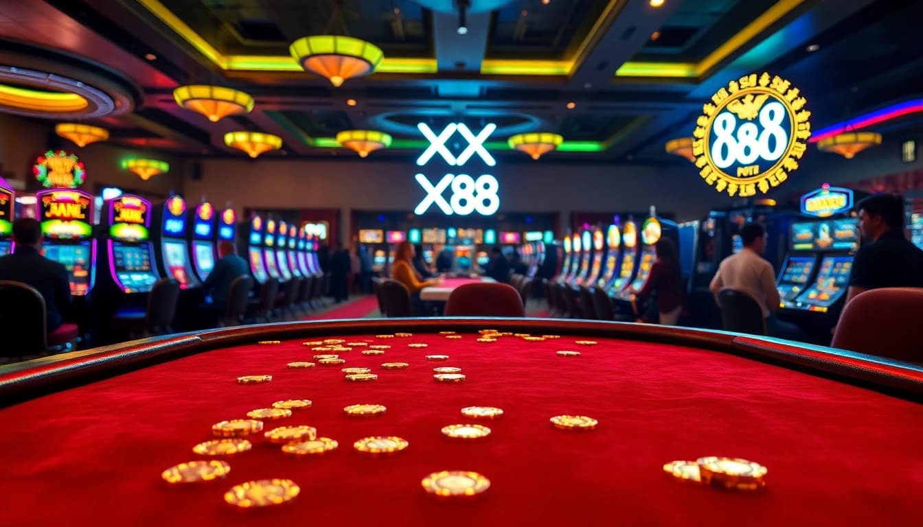 Players enjoying a thrilling moment at XX 88 poker table in a vibrant casino atmosphere.