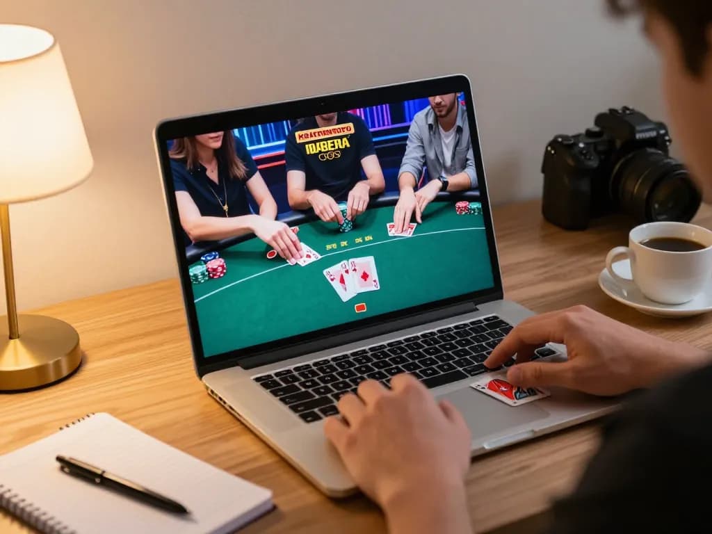 Engaging gameplay on keratontoto poker, showcasing hands and digital interface in cozy home setting