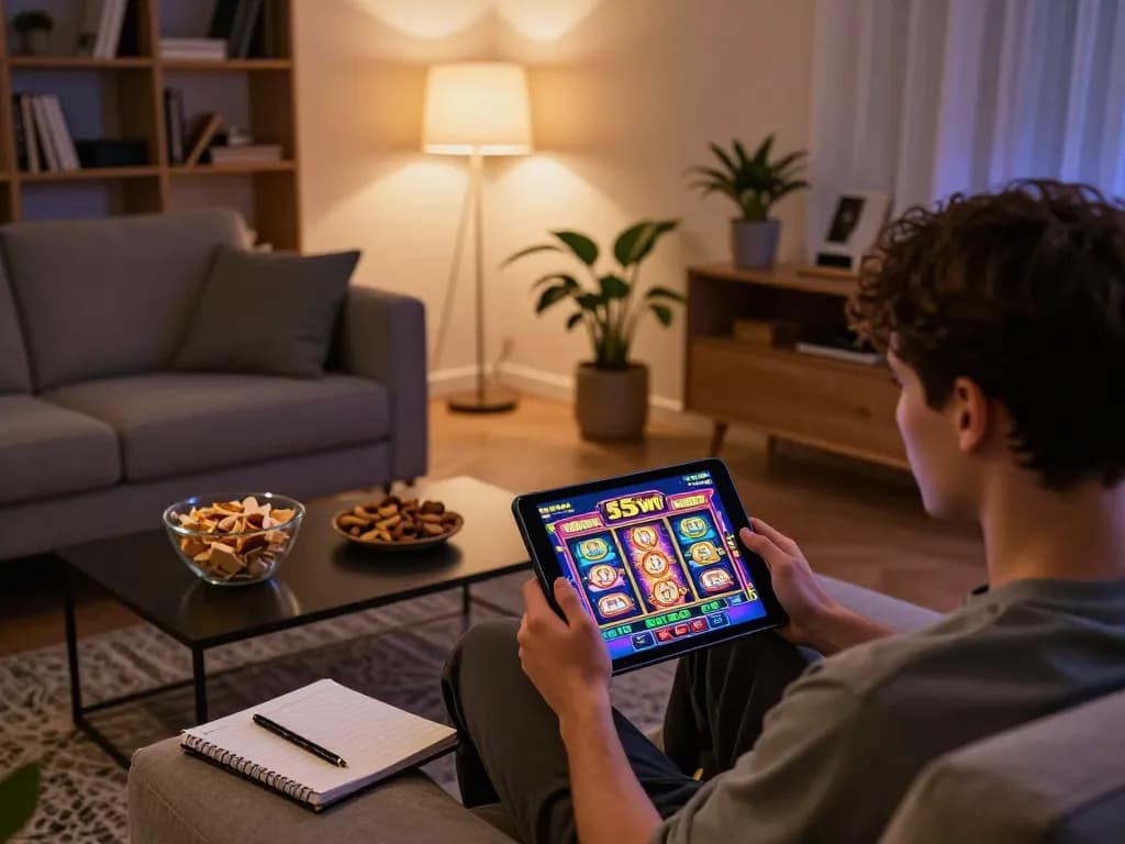 Engaged player enjoying slot games on 555win tablet, cozy home atmosphere.