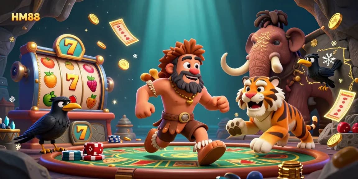 Engage in thrilling casino action at HM88 with a dynamic scene showcasing a caveman and sabertooth tiger running a prehistoric casino packed with vibrant slot elements.